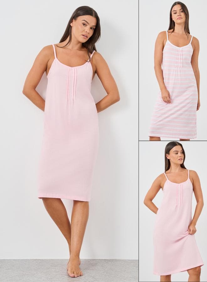 Pack Of 2 - Solid And Striped Pintuck Detail Slip Dress