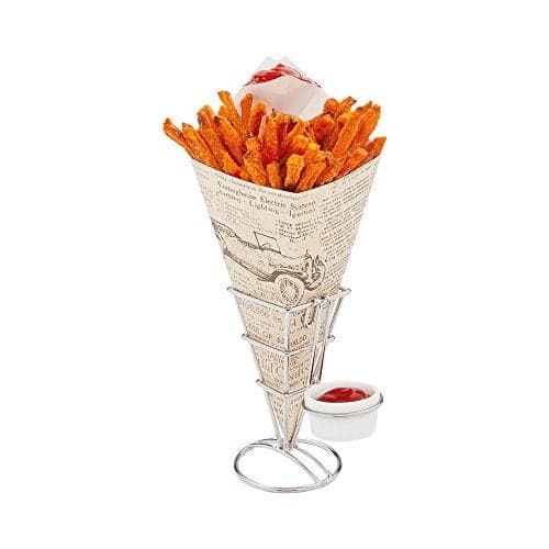 Restaurantware115Inch EcoFriendly Finger Food Cones with Builtin Condiment Dipping Pocket Perfect for Appetizers FoodSafe Paper Cone with Newsprint Styling Disposable 100CT