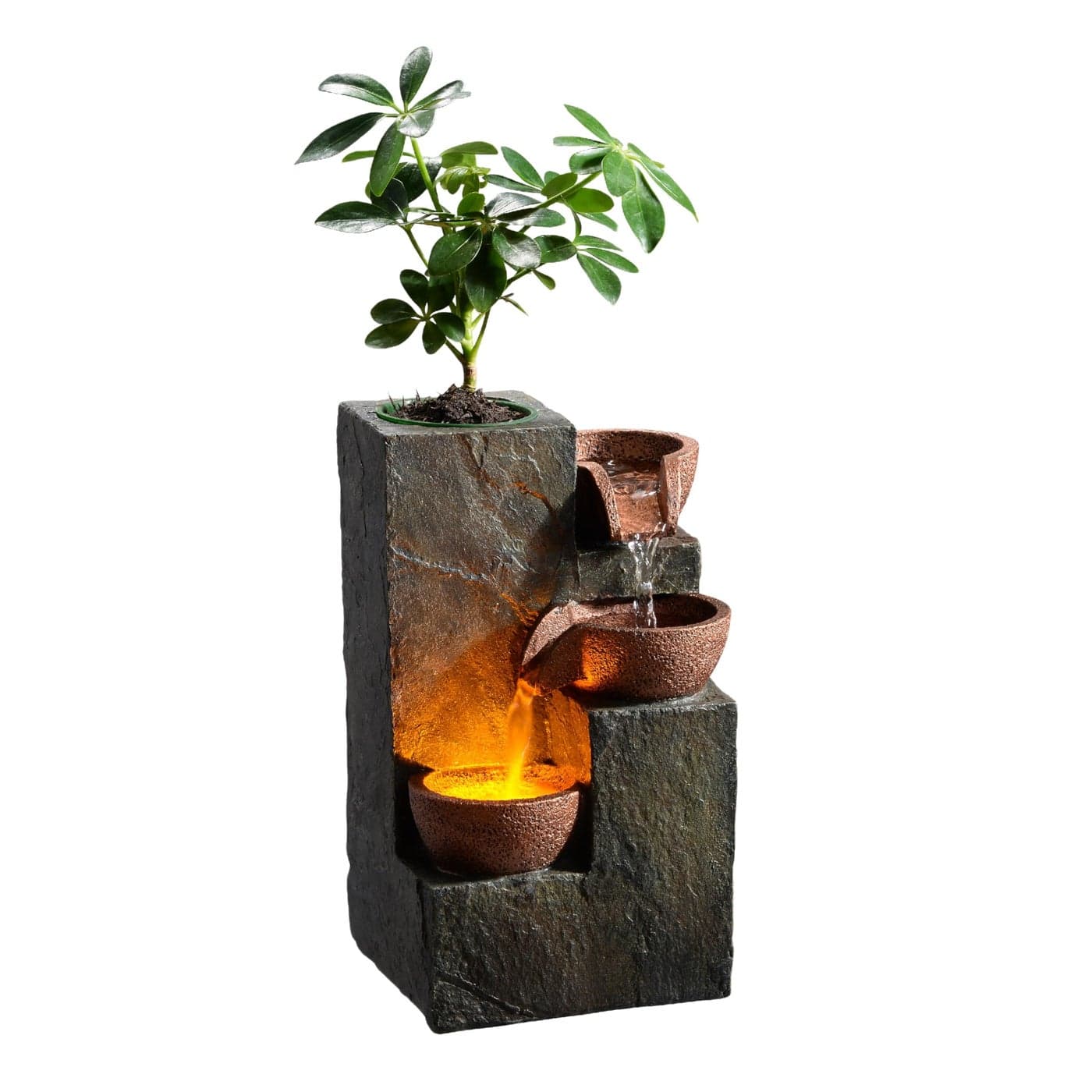 MSEONWXI Tabletop Indoor Water Fountain 3Tier Rock Waterfall Fountain with Warm LED Light and DIY Planting Pot Relaxing Small Water Feature for Desk or Home Decor 23061