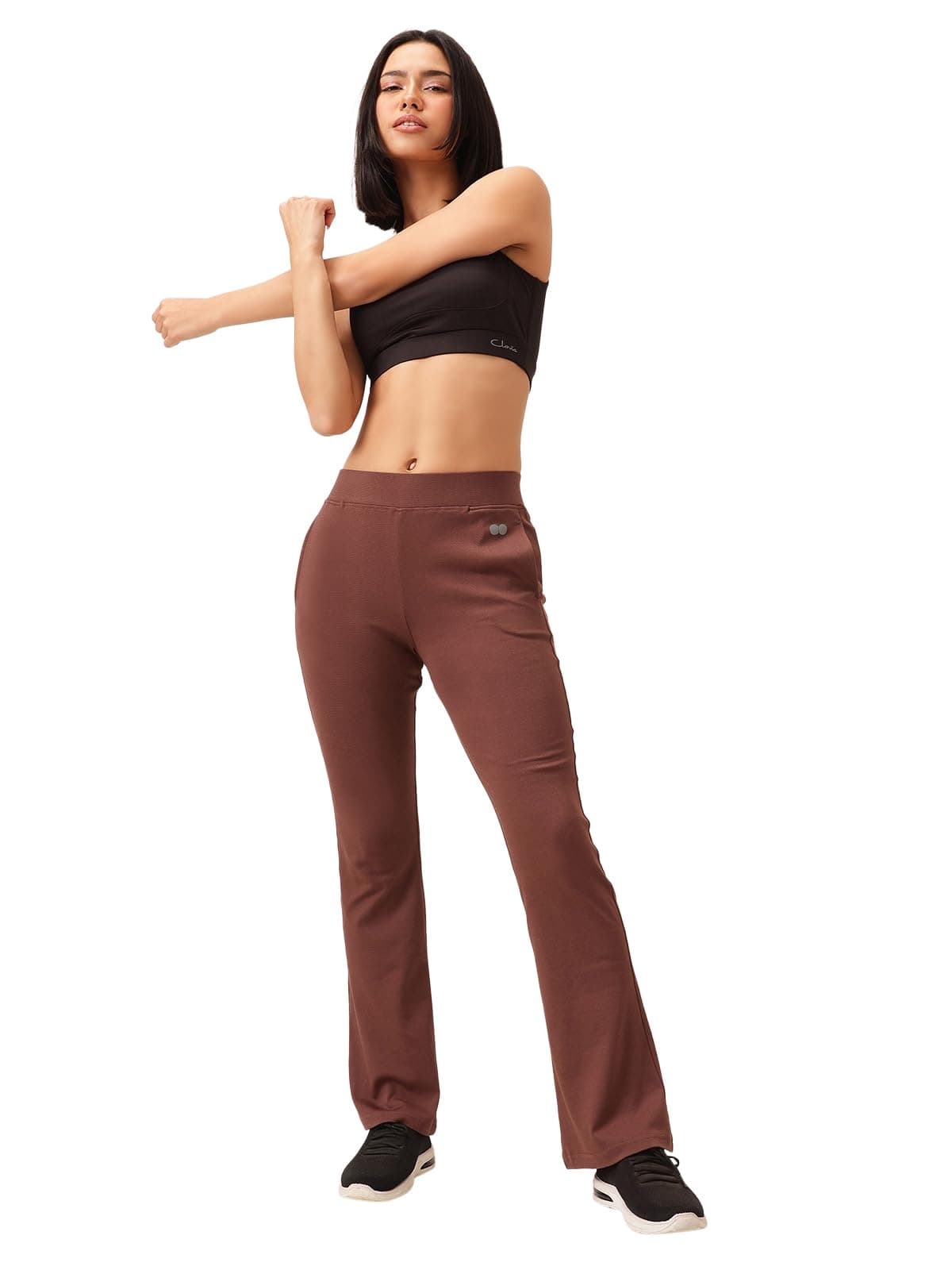 Clovia Women's Comfort Fit High-Rise Flared Yoga Pants with Side Pockets (AB0114R06_Brown_XL)