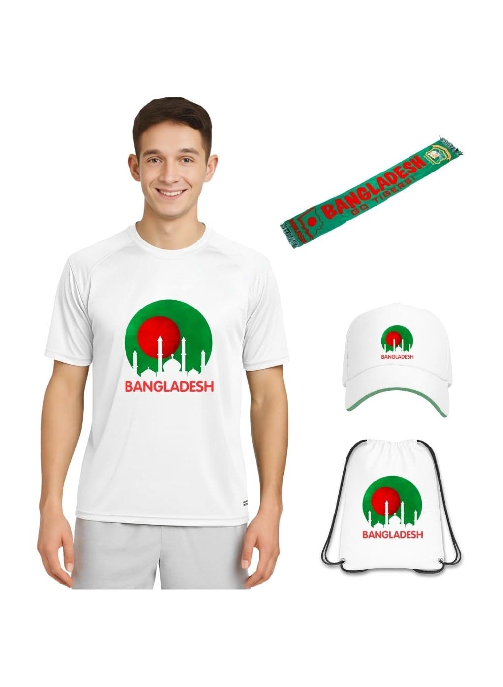 Bangladesh Sports Men's Combo Set – Dry Fit T-Shirt,Drawstring Bag,Cap And Scarf – Lightweight And Comfortable For Sports Events