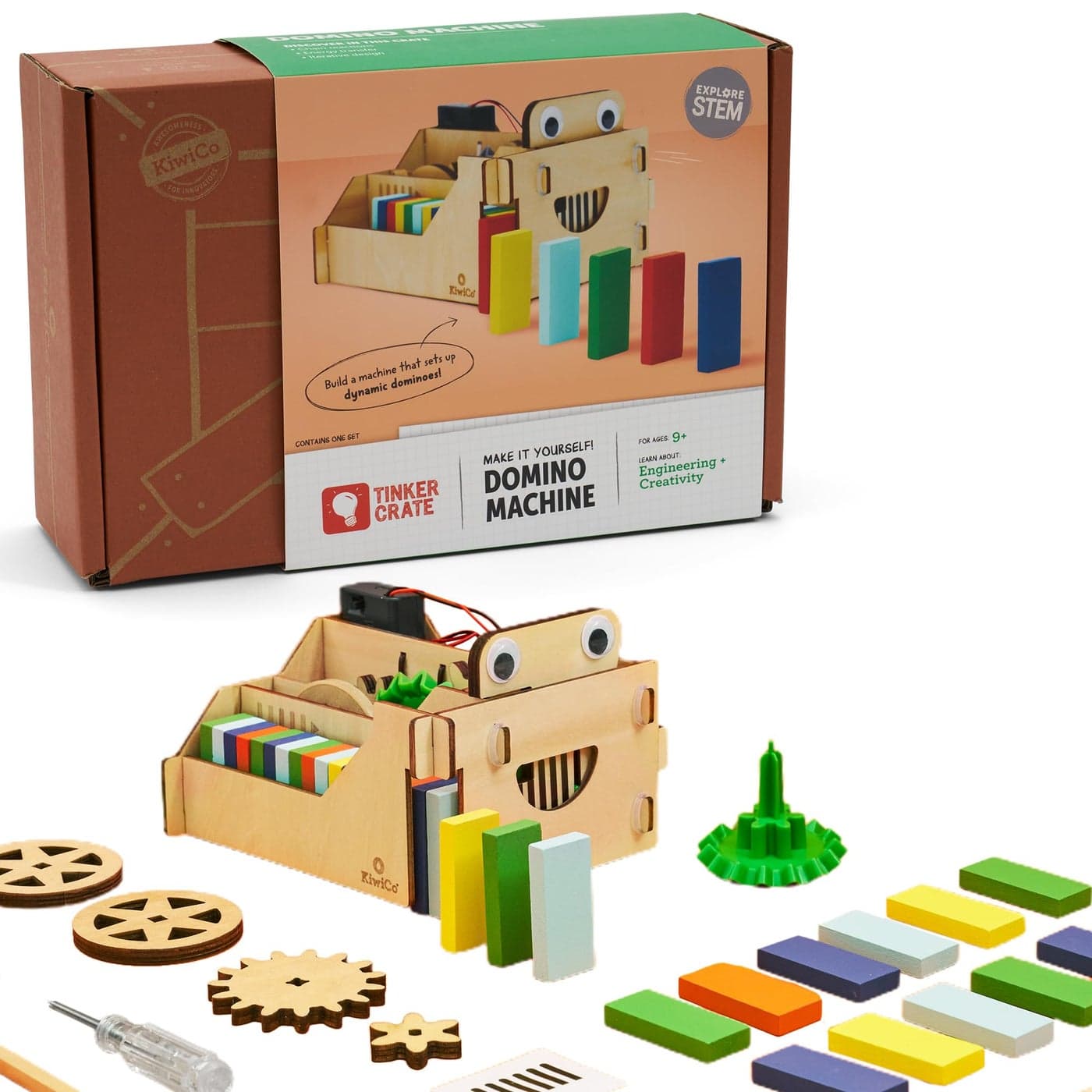 KiwiCo Domino Machine Wooden Set 100 Dominoes and Wood Domino Robot for Ages 9