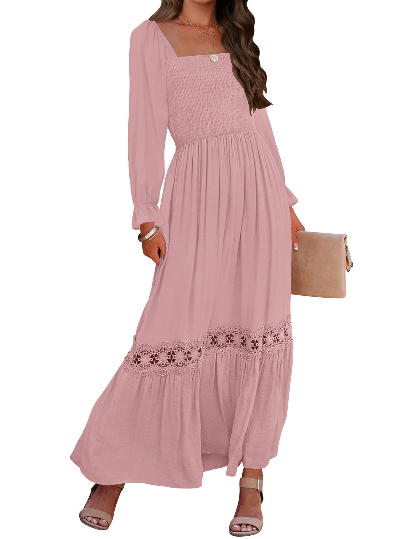 ZESICA Womens 2025 Boho Long Sleeve Square Neck Smocked High Waist Flowy A Line Lace Trim Maxi Dress Dark Pink S
