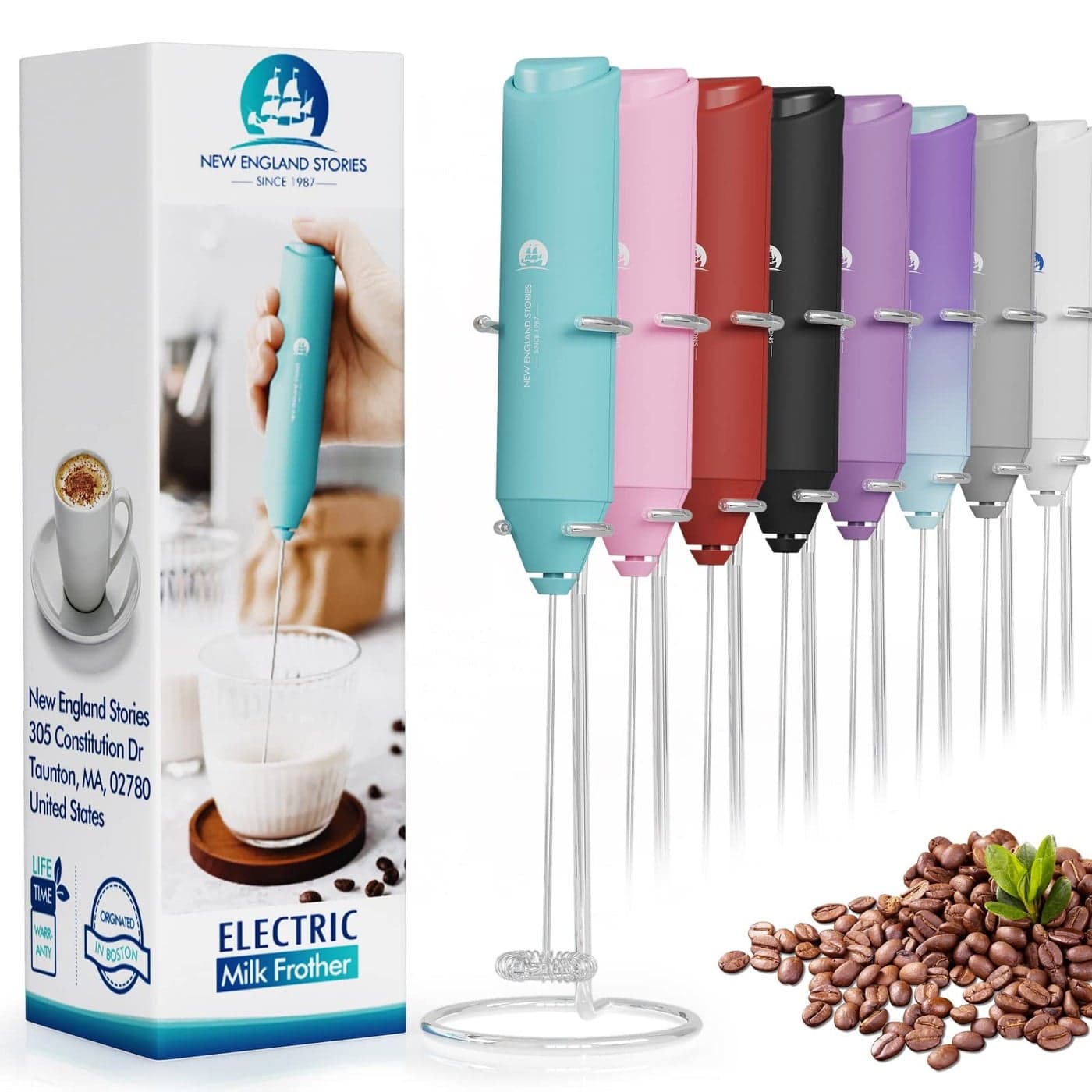 Powerful Milk Frother Handheld Foam Maker Mini Whisk Drink Mixer for Coffee Cappuccino Latte Matcha Hot Chocolate With Stand Aqua
