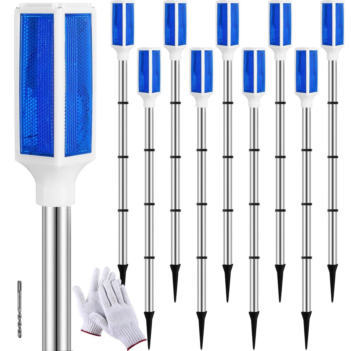 Baquler 10 Pcs Solar Powered Driveway Markers Reflective Driveway Lights Landscape Reflectors with Drill Bit Gloves for Snow Road Outdoor Yard Parking SidewalkBlue