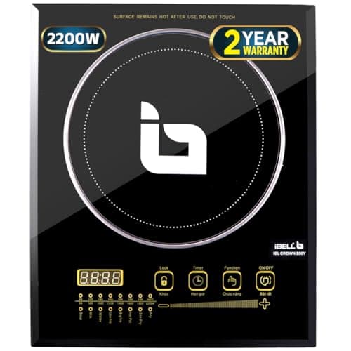 IBELL CROWN200Y Induction Cooktop 2200 Watt, Auto Shut Off, 2 Year Warranty, Crystal Glass Top, Touch Buttons, 8 Cooking Modes, Over Heat Protection, Big Size (Black)