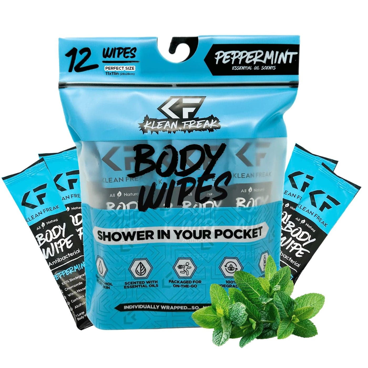 The Klean Freak Body Wipes 12 count Individually Wrapped Showerless Body Wipe for Women Men Sustainable Bodywipes for Gym Travel Camping Peppermint