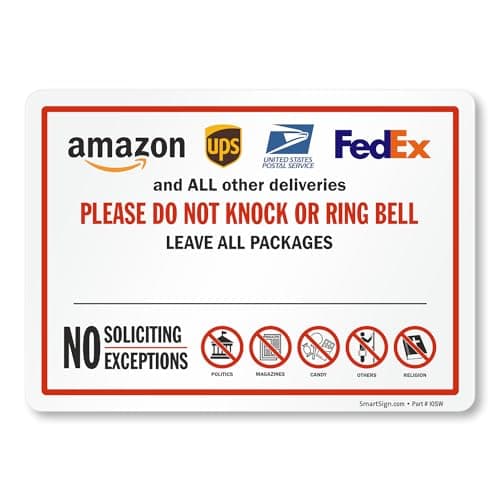 SmartSign 4-Pack 'Please Do Not Knock or Ring Bell' No Soliciting Sticker Labels with Delivery Partner Logos, 5" x 7", 5 mil Laminated Polyester with SuperStick Adhesive, Multicolor, Made in USA