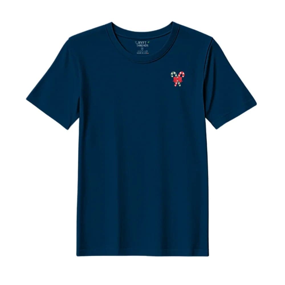 Threads Medium Navy Blue Polycotton T-Shirt - Christmas "Christmas Candy Canes with Bow" Embroidered Design, Premium Holiday Collection
