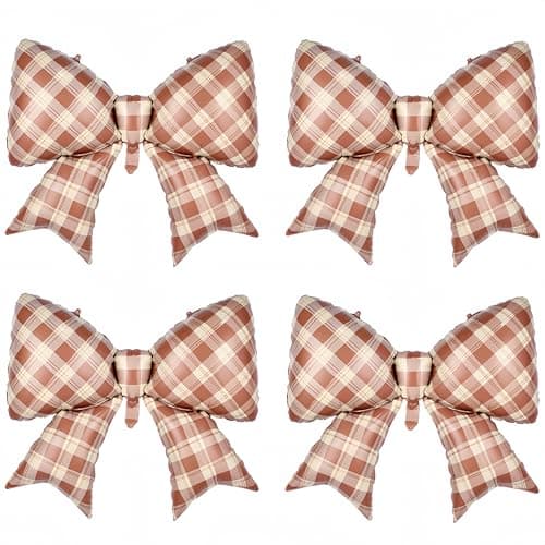 4Pcs Brown Plaid Bow Balloons 38Rustic Gingham Bowknot Foil Balloons for Coffee Baby Shower Decorations Vintage BirthdayMaillard Style BirthdayFall Party Cozy Country Party Decorations