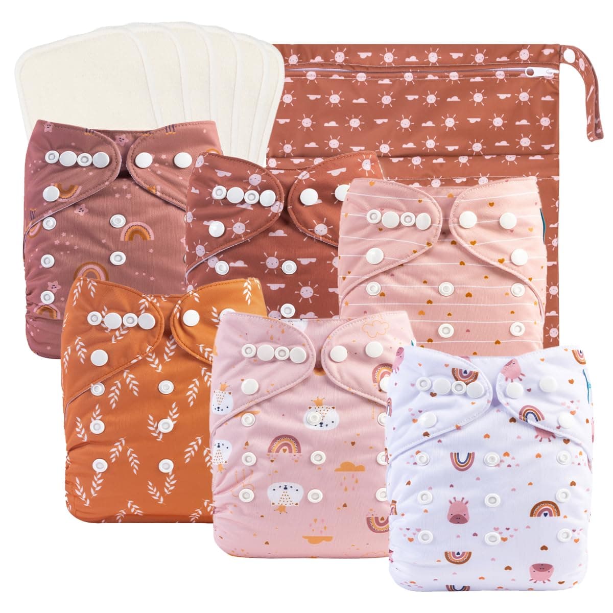 babygoal Baby Cloth Diapers 6 Pack with 6pcs Rayon from Bamboo Inserts and Wet Bag One Size Reusable Washable Pocket Nappy Covers for Infant Boys and Girls 6FG04
