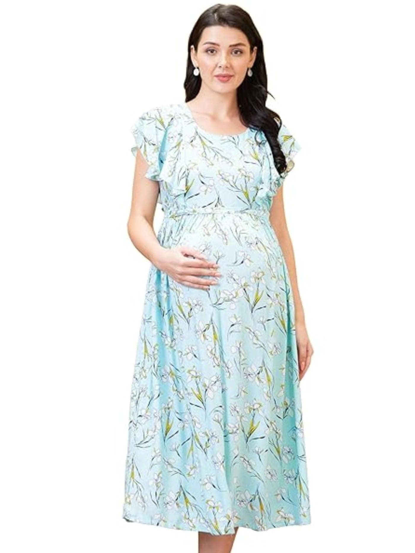 AV2 Women's Viscose Maternity | Nursing |Feeding | Calf Length Breast Feeding A-Line Ankle Length Dress with Zippers for Post Pregnancy(5072_Light Green_Large)