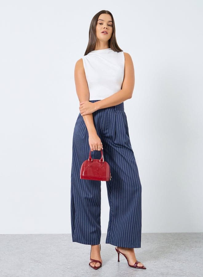 Navy Pinstripe Wide Leg Trousers