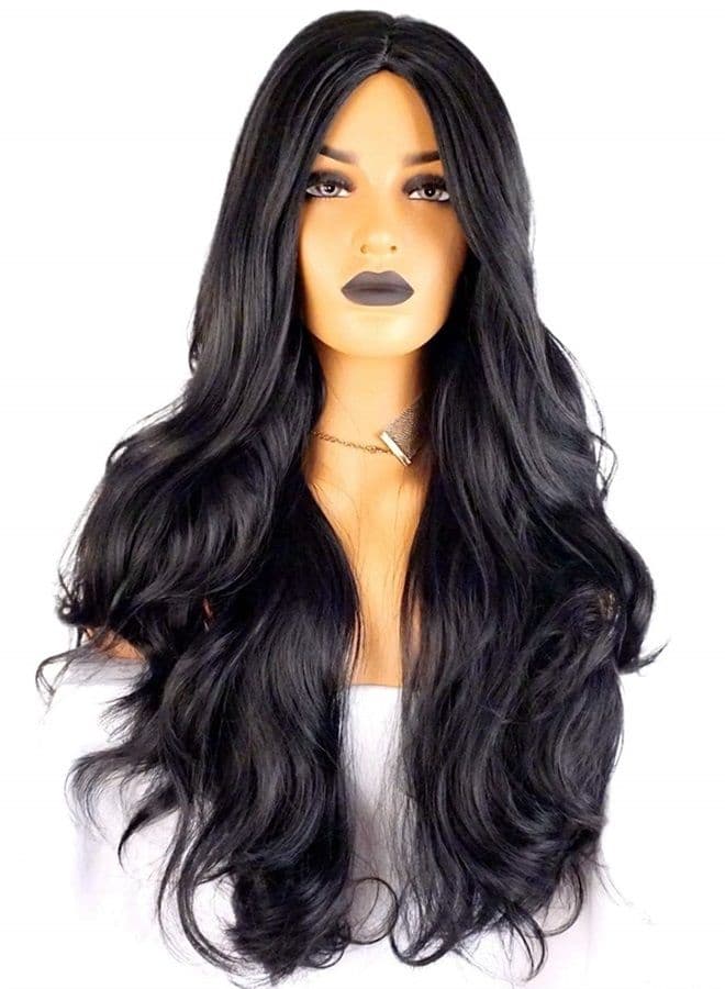 Long black wig Costume wig for women 30 in wig Wavy Curly 29.5 inches Wigs Natural Black Heat Resistant Fiber Side Part Women Synthetic Hair Side Part Wigs for white Women (Black)