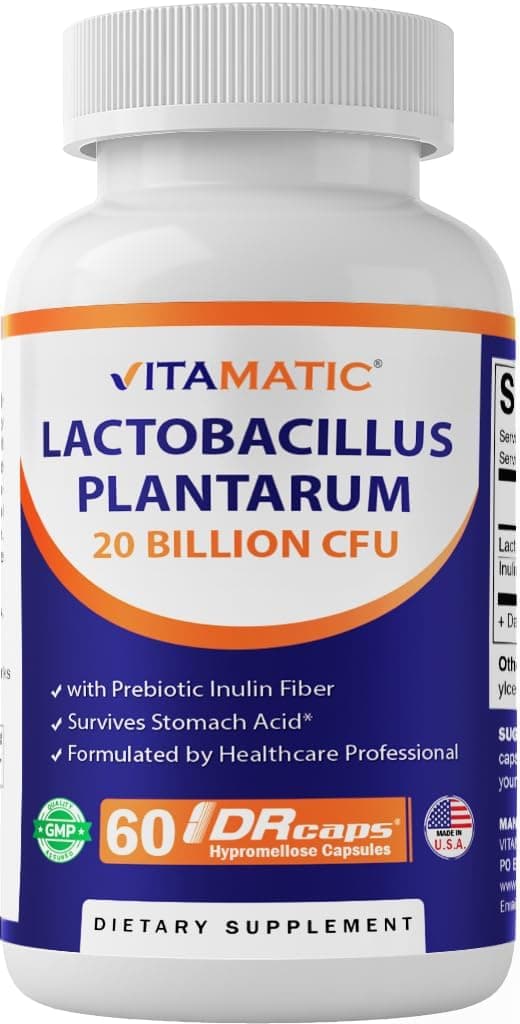 Vitamatic Lactobacillus Plantarum 20 Billion per DR Capsule 60 Count Digestive Support Made with Prebiotic Inulin Fiber