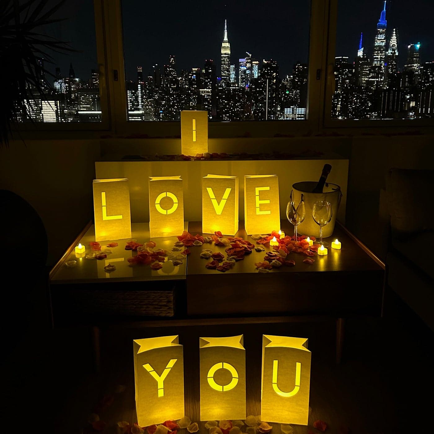 WYMM I Love You Light Up Letters with Tea Lights Candles and Rose Petals Included Luminary Paper Bags to be Used as Anniversary Decorations and Valentines Day Decorations for Your Loved One