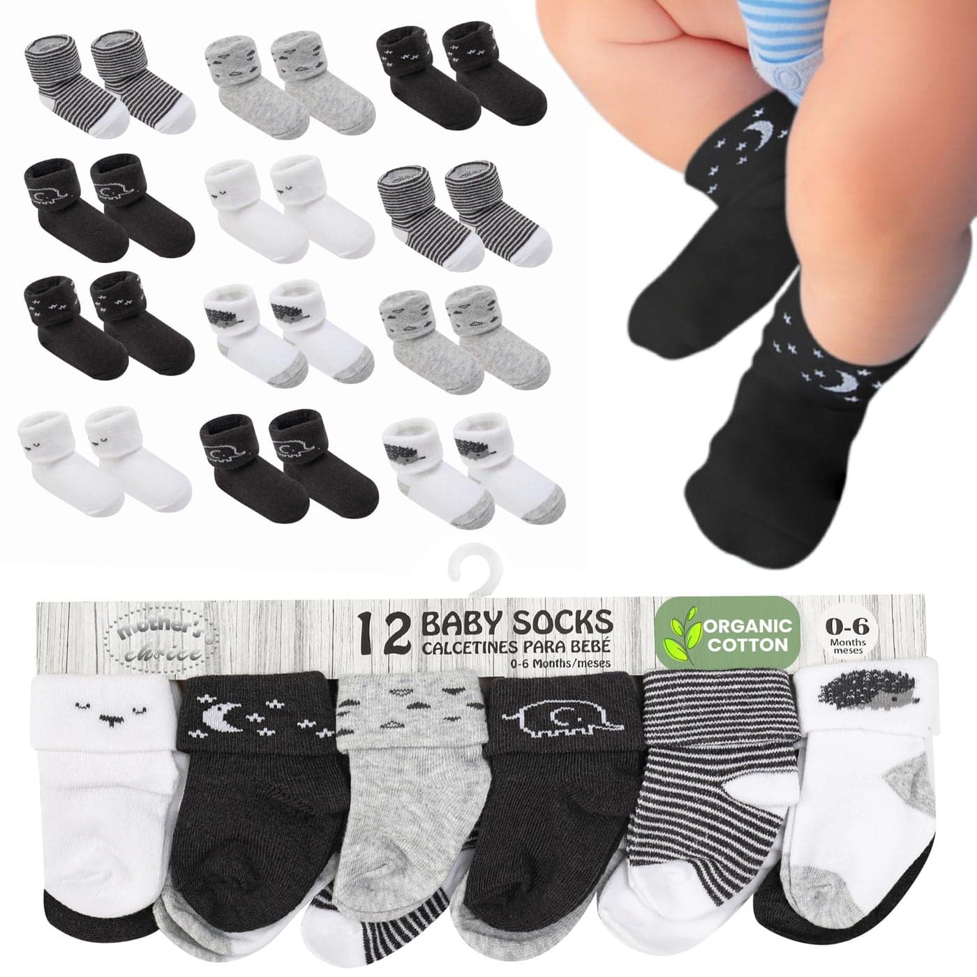 Mothers Choice Organic Cotton Baby Socks 12 Pairs Unisex 06 Months Soft Hypoallergenic Newborn Infant Socks Baby Girl Boy Gifts