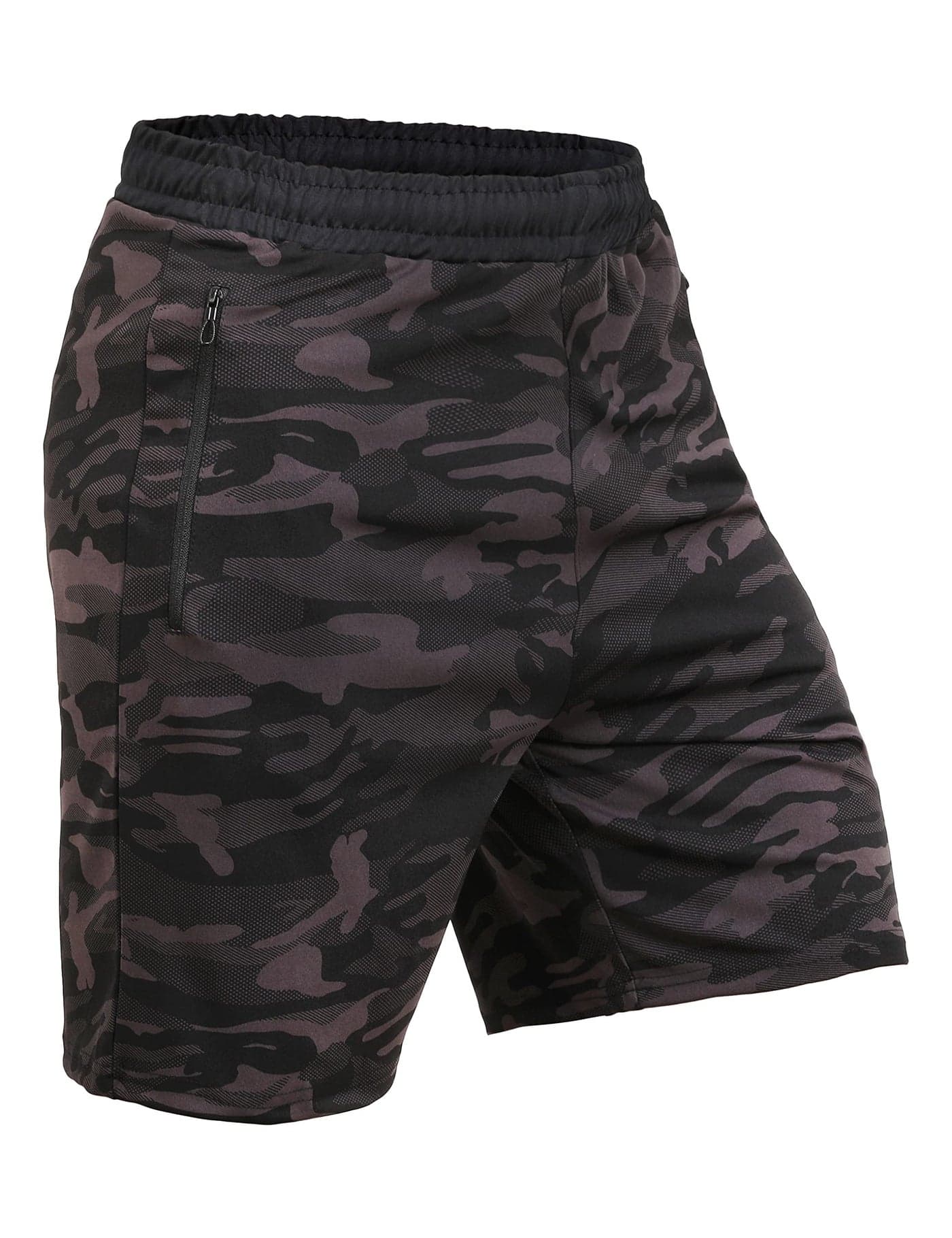 GYMIFIC Men’s Summer Camo Gym Shorts | Lightweight, Stretchable Workout Shorts with Zipper Pockets | Ideal for Gym, Running, Walking, Sports & Activewear (L, Army Grey)