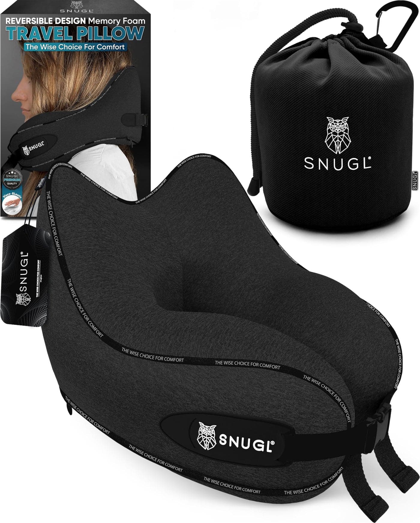 SNUGL Travel Pillow Memory Foam Pillows Neck Pillow for Airplane with Carry Bag Clip Neck Support Pillows for Pain Relief Airplane Travel Essentials Adult Small Black