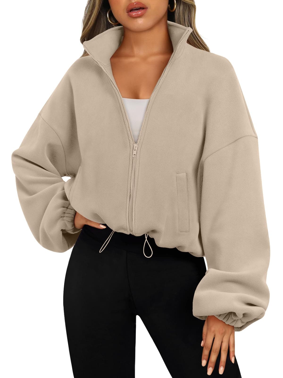AUTOMET Womens Fleece Jackets Zip Up Oversized Sweatshirts Winter Clothes Long Sleeve Crop Sherpa Fall Outfits Fashion Khaki S