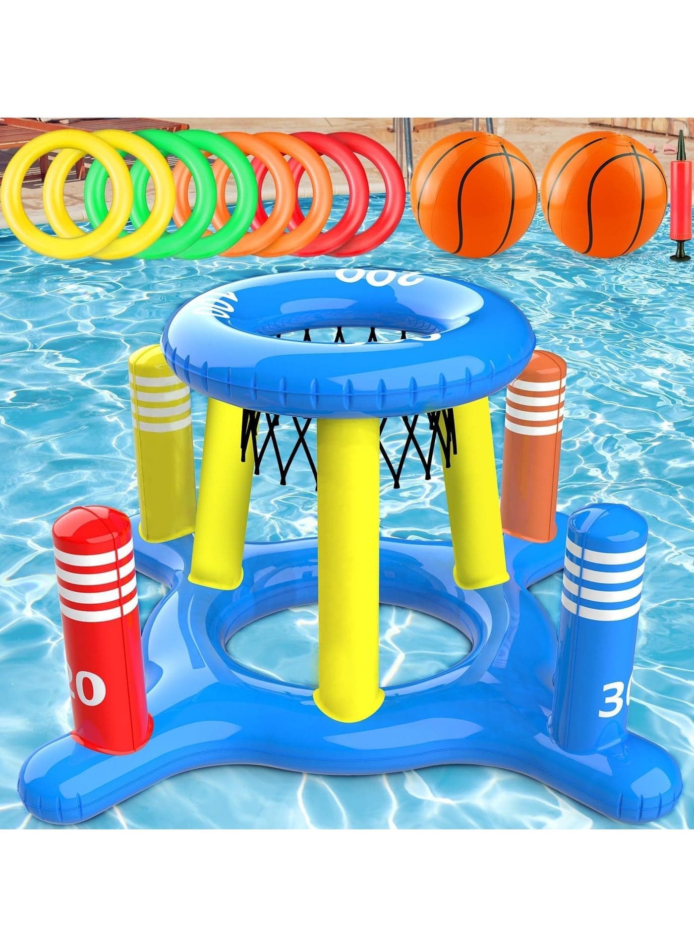 Pool Toys for Kids Adult, 2in1 Inflatable Pool Floats Basketball Hoop Ring Game, Swimming Pool Games for Adults and Family, Outdoor Party Poolside Water Toy