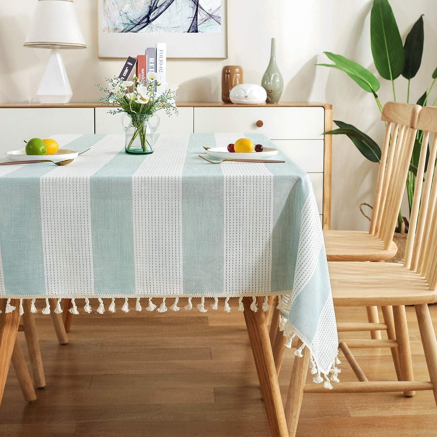 AmHoo Stitching Tassel Tablecloth Striped Table Cloth Rectangle Cotton Linen DustProof Table Cover for Kitchen Dinning 54 x 70 Inch Teal
