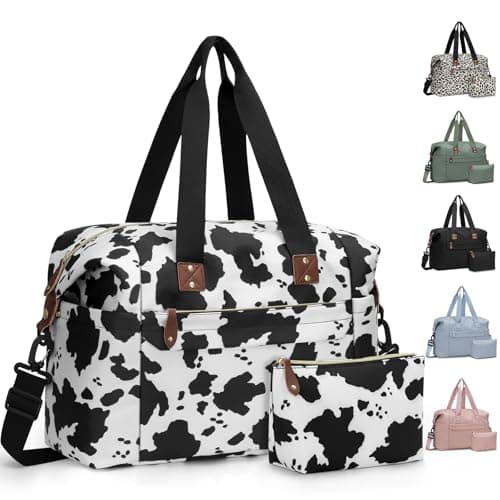 Pritent Travel Duffle Bag Waterproof Weekender Overnight Hospital Bags for Women Men with Toiletry Bag Lightweight Personal Item Duffle Gym Bag for Travel Airplanes SportsCow Print Large