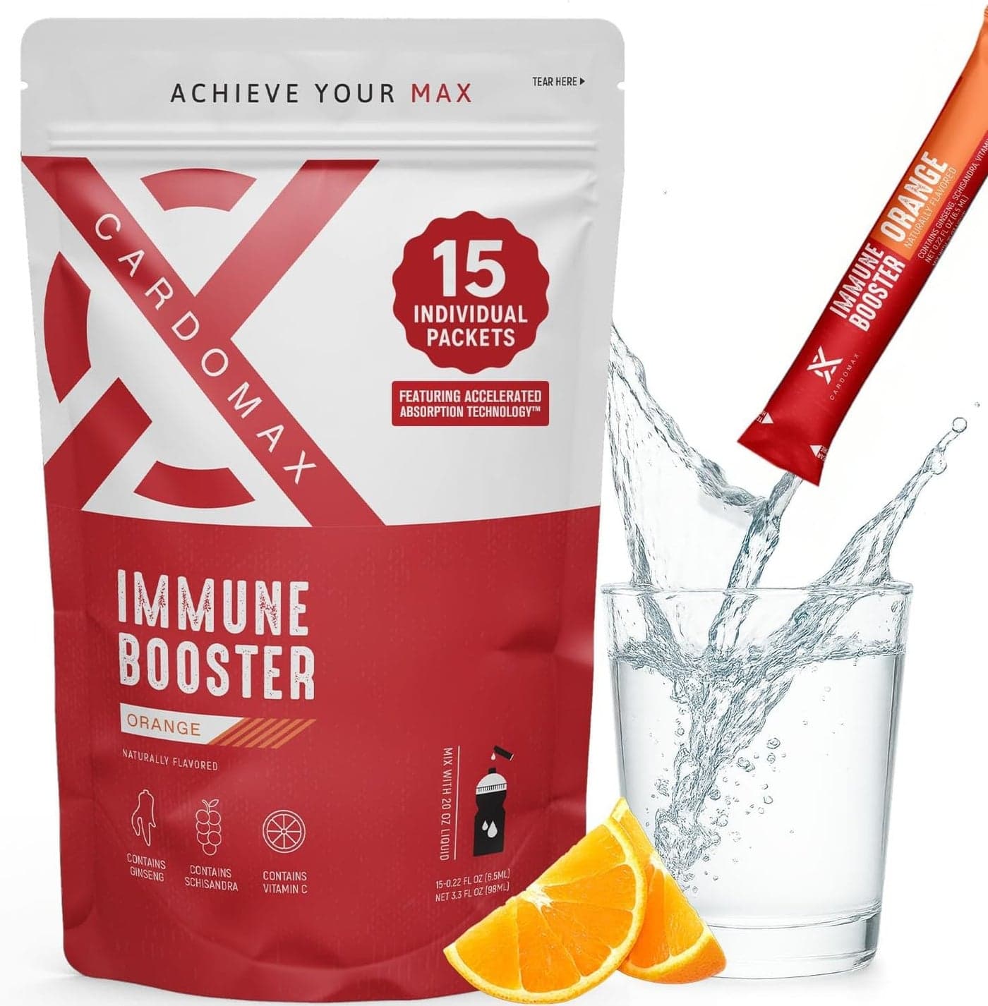 Immunity Booster Liquid Drink Mix with Ginseng and Vitamin C for Kids and Adults Immune Support Supplement for Energy and Wellness Orange Flavor 15 SingleServe Liquid Stick Packs