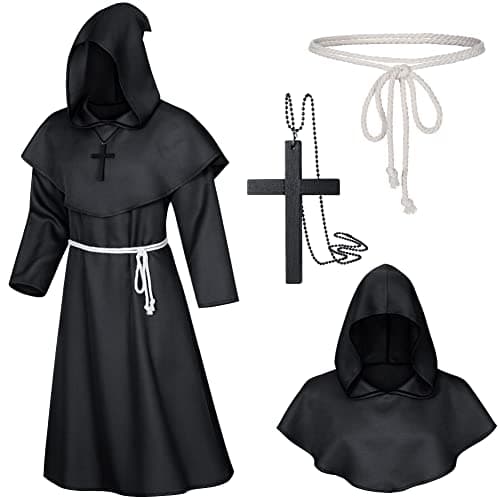 TOKYO REVENGERS Medieval Renaissance Monk Friar Priest Wizard Cloak Hooded Robe Cosplay Belt Necklace Set(Black XL)