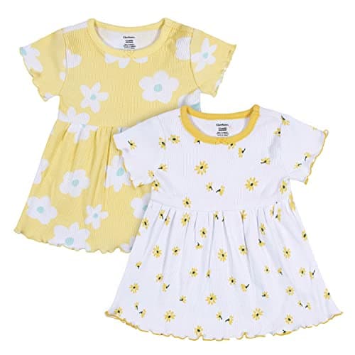 Gerber Girls Toddler 2-Pack Short Sleeve Cotton Dresses, Yellow Floral, 3T