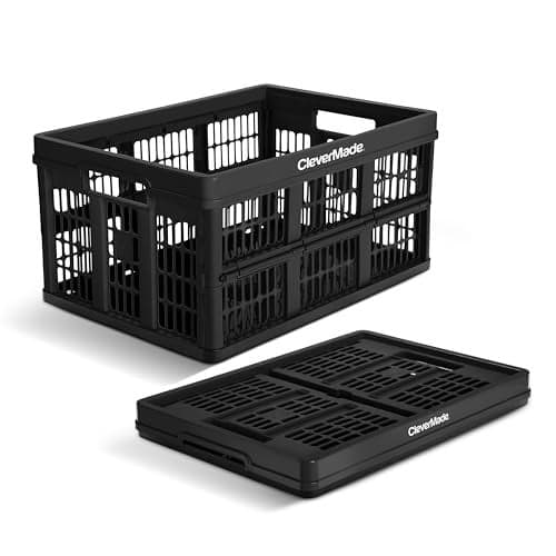 CleverMade Collapsible Utility Crate 45L Foldable Plastic Crate with Heavy Duty 66 lb Capacity for Storage Trunk Organization Moving Obsidian