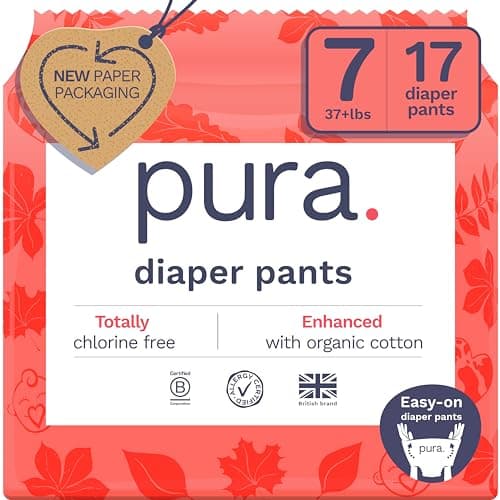 Pura Hypoallergenic Diaper Pants Size 7 (37+ lbs) Overnight, up to 12 Hours Leak Protection, Suitable for Sensitive Skin, Totally Chlorine Free, Soft Organic Cotton, 1 Pack of 17 Pull Up Pants