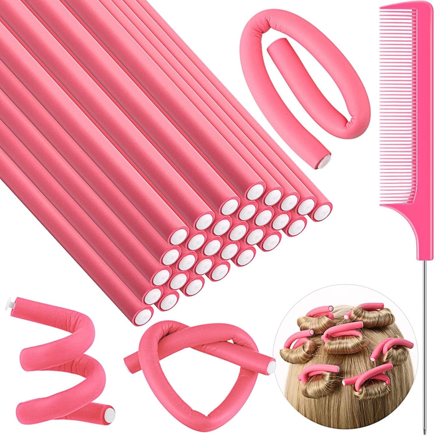 Syhood 30 Pcs Flexible Curling Rods 945 Twist Foam Rollers Soft Foam No Heat Hair Rods Rollers and 1 Steel Pintail Comb Rat Tail Comb for Women Long Short HairPink945 x 03 Inch