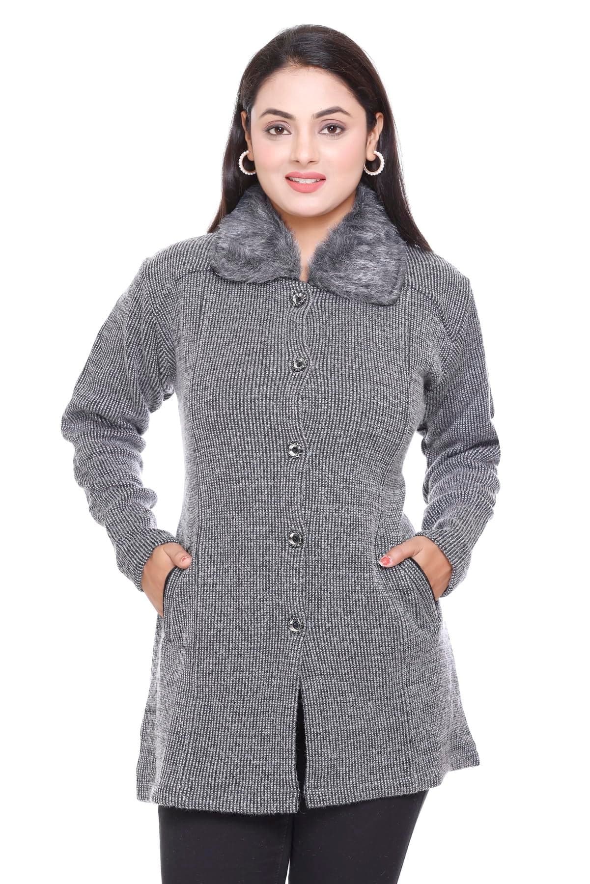 PIPASA Women Woolen Buttoned Fur Collar Neck Stylish Party Winter Wear Coat Cardigan Sweater (M, Grey Twist)