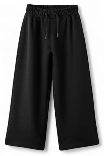 Alan Jones Clothing Girls Mid Rise Solid Cotton Trackpant | French Terry Fabric | Relaxed Fit | Wide Leg Pants Black, 10-11 Years