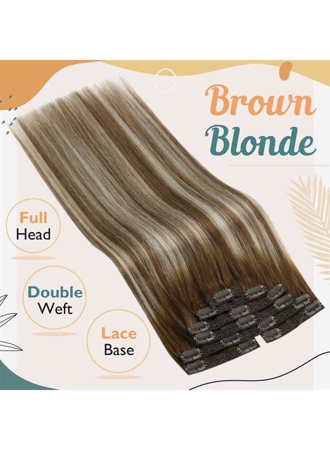 Sunny Clip in Hair Extensions Real Human Hair Brown Balayage Blonde Clip in Human Hair Extensions Chestnut Brown Ombre Platinum Blonde Clip on Hair Extensions Blend Well 120g 7pcs 16inch