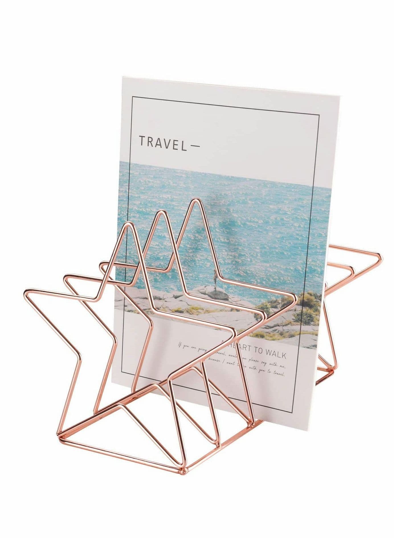 File Sorter, Wire 5 Slot Magazine Holder Rack, Pentastar Shape, Decorative Desk Office Supplies Organizer for Mail, Folder, Magazine, Book and More, Rose Gold