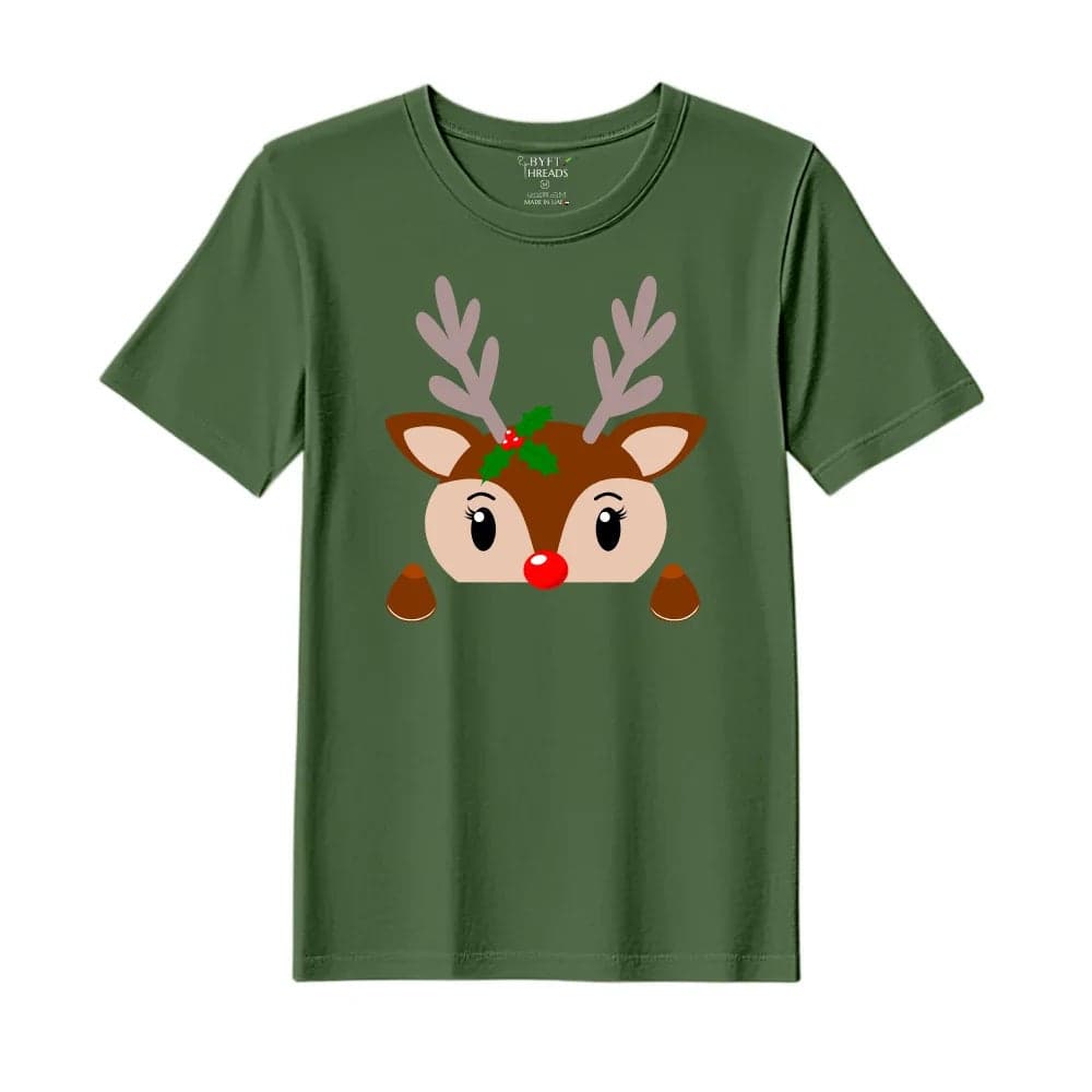 BYFT Threads XXL Forest ELF Green Polycotton T-Shirt - Christmas "Christmas Deer Face" Printed Design, Premium Holiday Collection