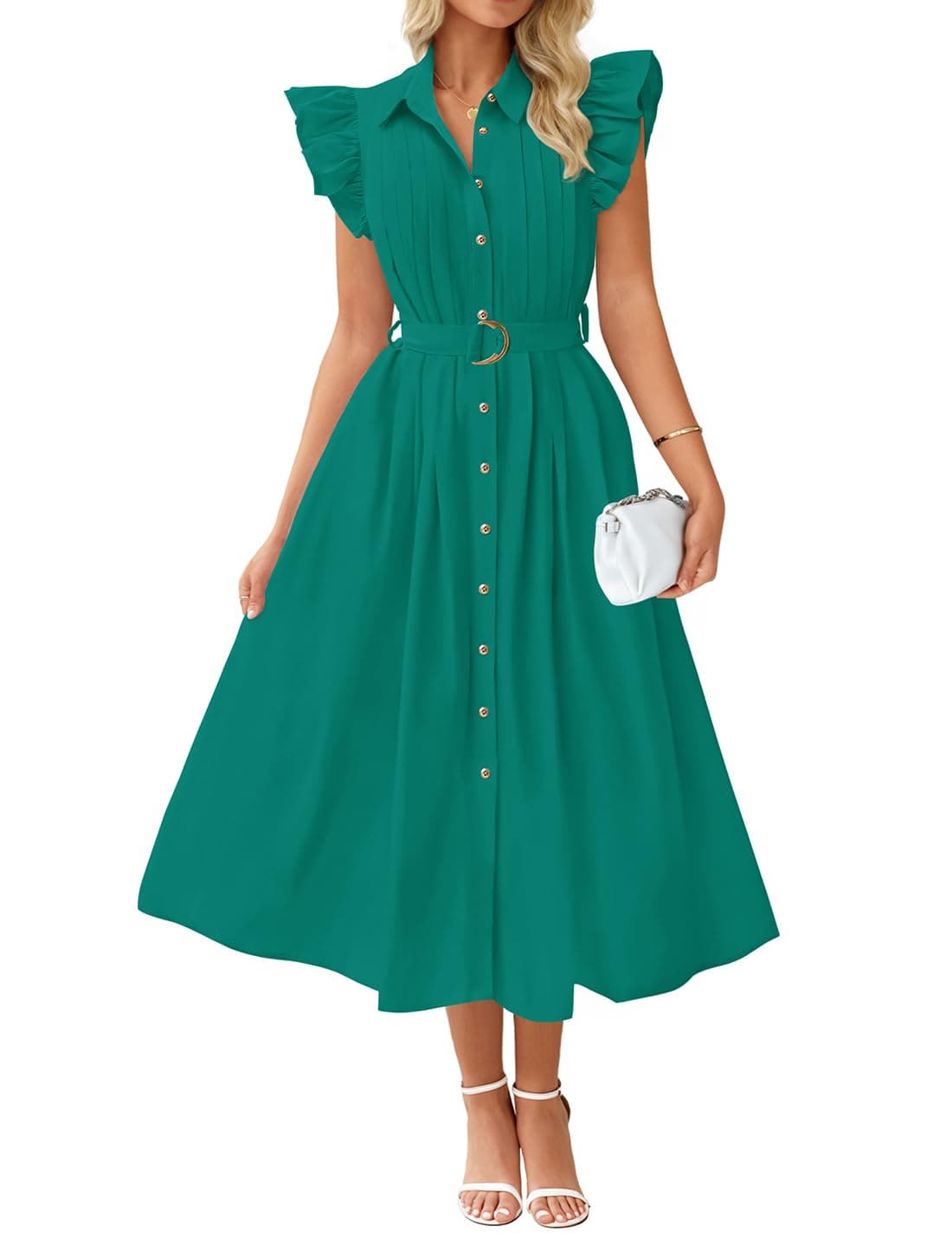 ZESICA Womens 2025 Summer Boho Button Midi Dresses Casual V Neck Flutter Sleeve Belted Long Dresses with PocketsDark GreenMedium