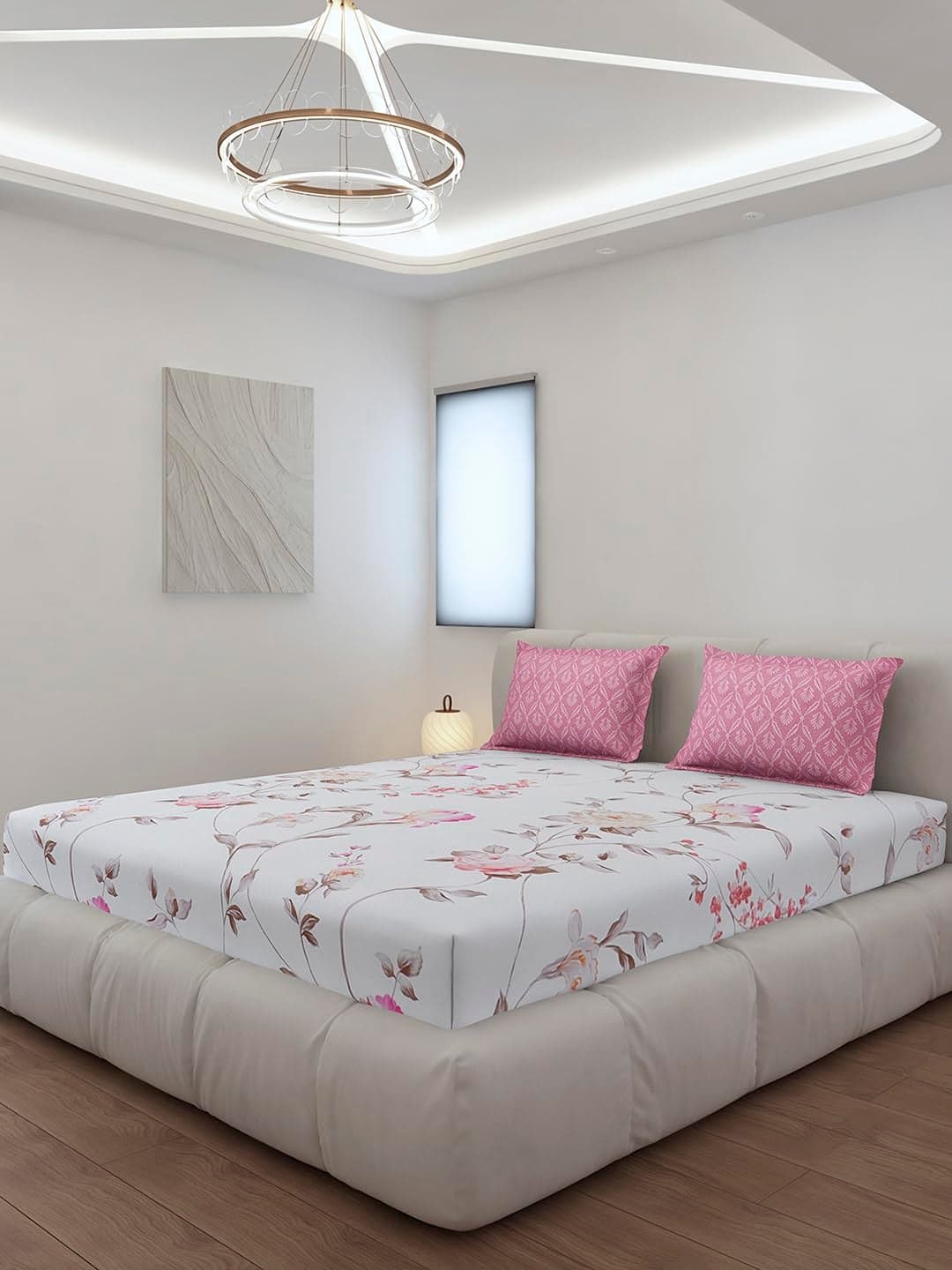 Monte Carlo Pink Printed King Size 130 GSM 1 Fitted Bedsheet with 2 Pillow Cover
