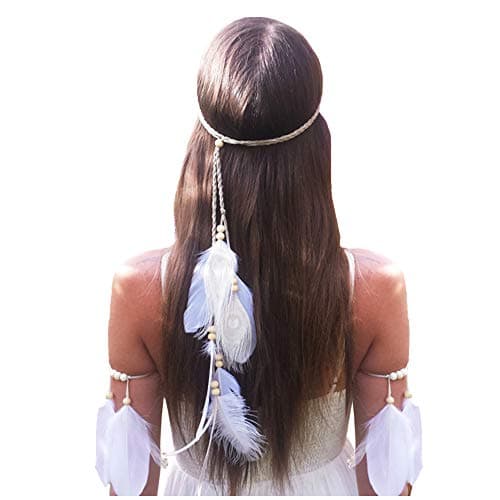 Feather Boho Hippie Indian Hair Bands Tassel Bohemian Halloween Headdress Crown Headband Party Decoration Cosplay Costume Headwear Headpiece Cute Hair Accessories White Set