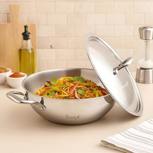 Parage Tripure Tri-Ply Stainless Steel Kadai with Lid 26 cm, 3.2 LTR | ISI Mark Certified | Heavy Bottom SAS Triply Kadhai for Deep Frying & Cooking | Induction & Gas Stove Compatible 5 Years Warranty