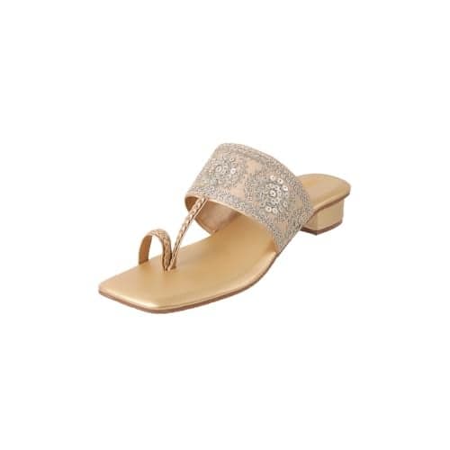 Metro Women Gold Embellished Ethnic Kolhapuri Block Heel Slip-on Sandal UK/7 EU/40 (35-1294)