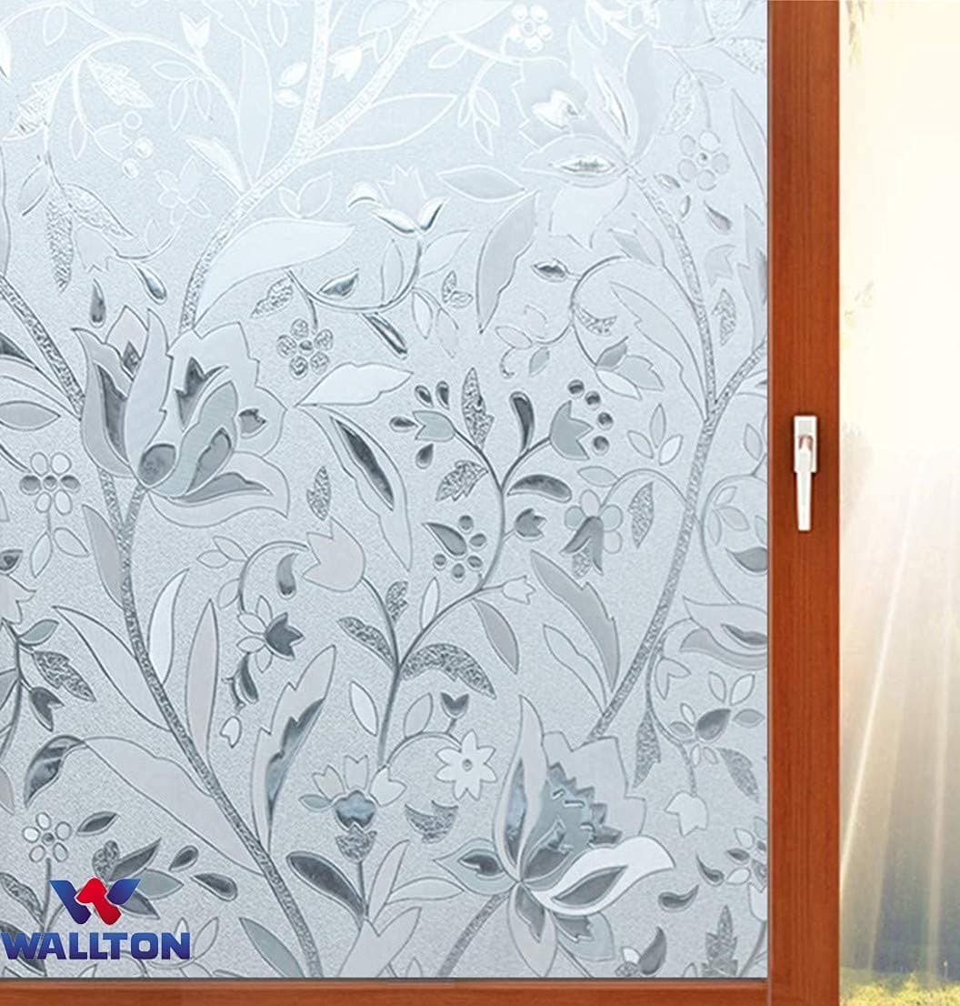 WALLTON Privacy Vinyl Frosted Window Film Glass Sticker Self-Adhesive Film Tint Wallpaper Opaque Sheet for Glass Privacy Cover Window, Door, Office, Home.| Anti-UV. (16x192 Inch, Lotus Flowers)
