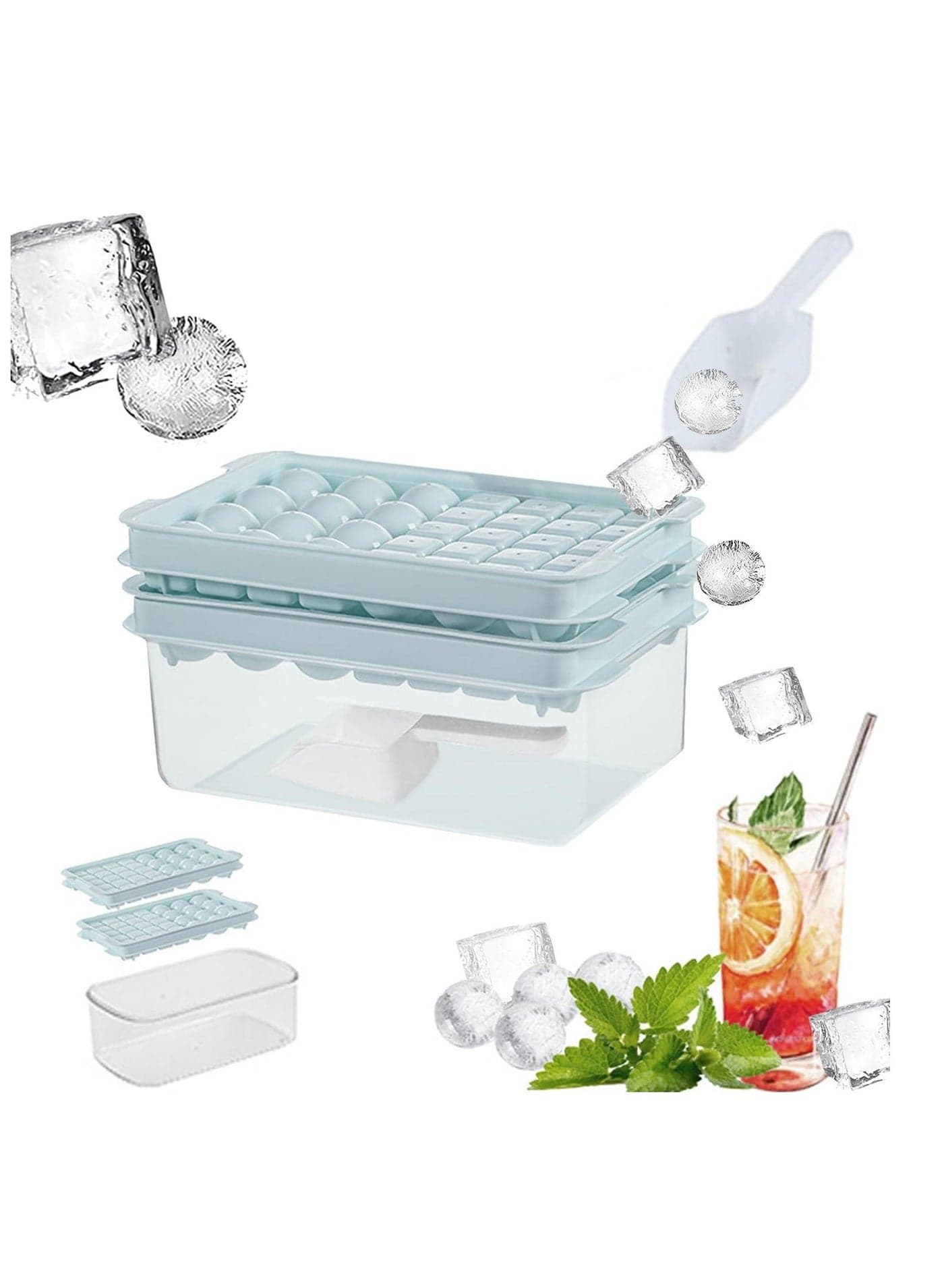 Ice Cube Tray with Lid and Bin for Freezer,Round square ice cube molds Freezer, tray Container Making 66PCS Sphere Chilling Cocktail Whiskey Tea Coffee Wearing spoon