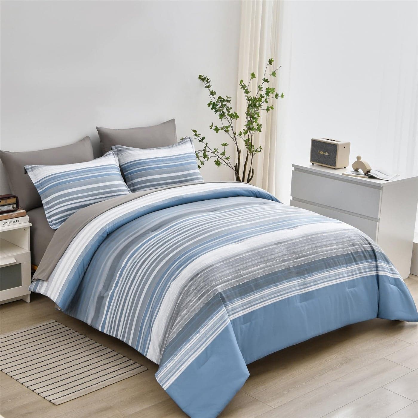 KAKIJUMN 7 Piece Bed in a Bag Stripe Comforter Set Full Size White Grey Blue Striped Comforter and Sheet Set All Season Soft Microfiber Complete Bedding SetLight BlueFull