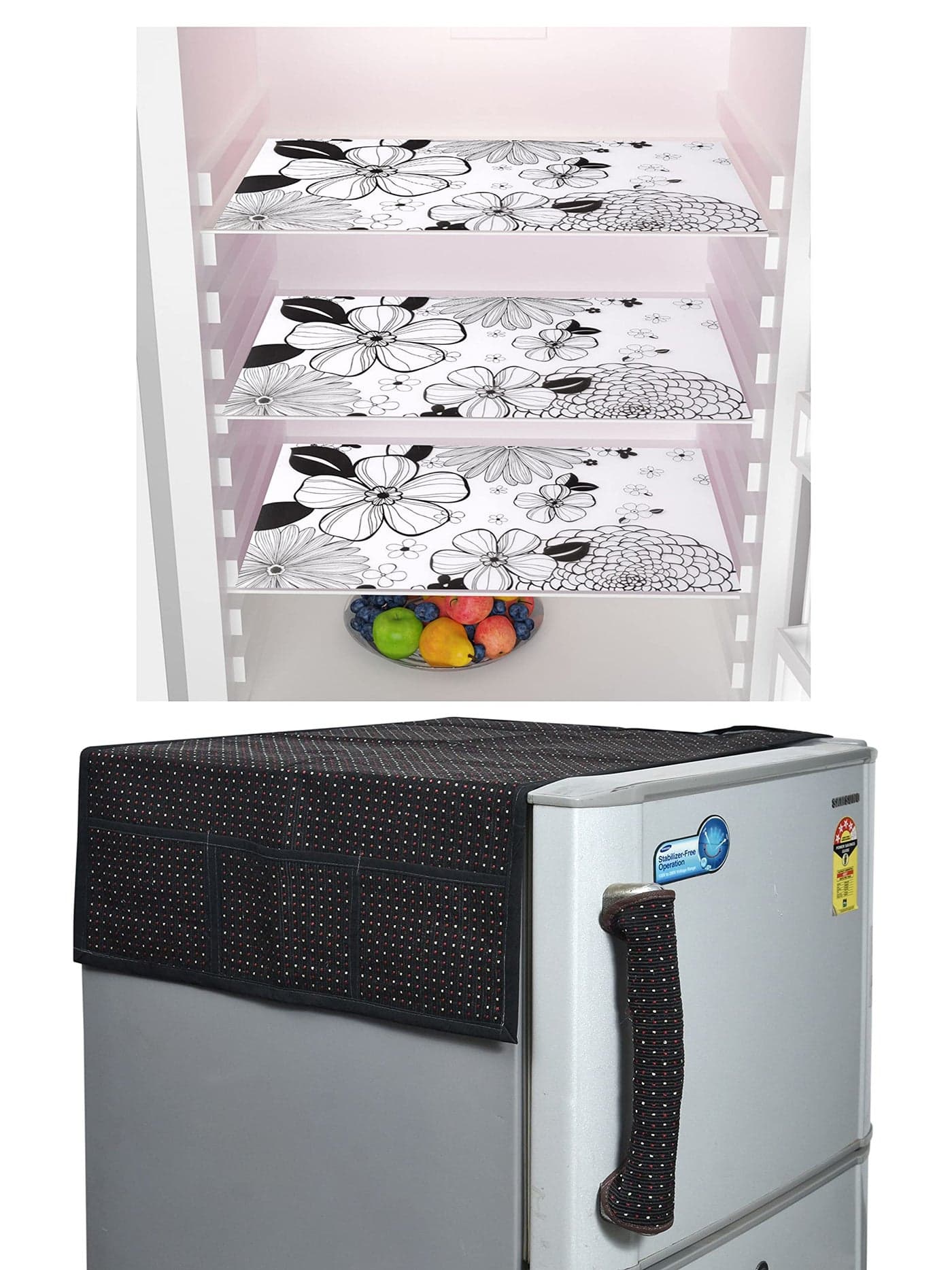 Yellow Weaves Exclusive Polka Dot Decorative Fridge Top Cover and 1 Handle Covers + 3 Fridge mat - Black Color