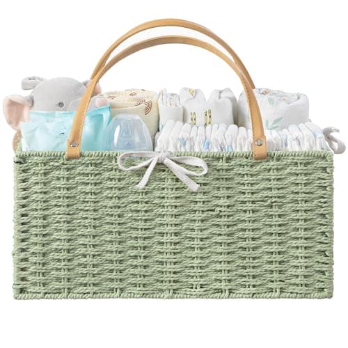 HBlife Large Baby Diaper Caddy Organizer Green Paper Rope Storage Baskets Nursery Bin with Removable Divider Portable Car Organizer for Diapers Baby Shower Gifts Newborn Essentials Must Haves