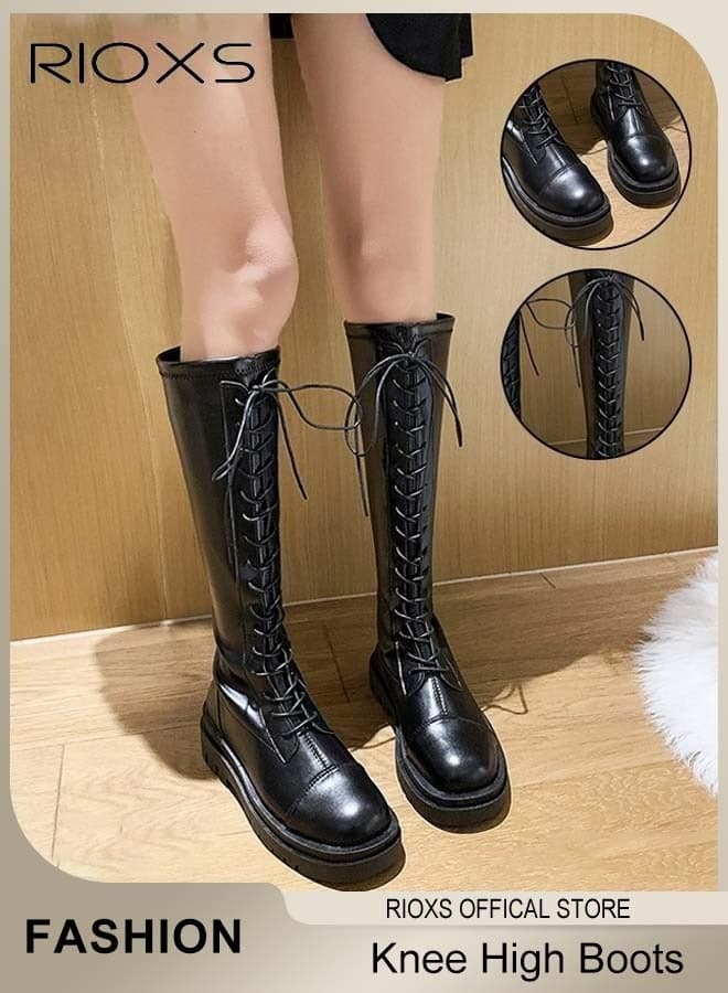 Women's Knee High Boots, Classic Thigh High Boots Straight Boots, Over The Knee High Boots for Women, Fashion Ladies Leather Boots, Elastic Motorcycle Riding Lace-up Booties, 5cm Thick Mid-heel Rider Boots, Long Tube Knee-Length Boots, Black Boots for Sping Summer Fall Winter