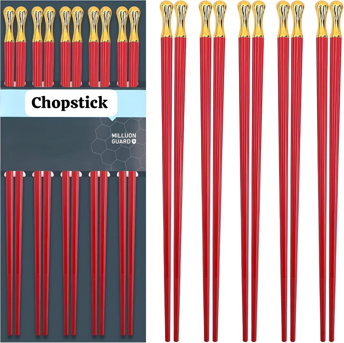 Rabbonix 5 Pairs Chopsticks Reusable Dishwasher Safe, 9.6 inch/24.3cm Matte Non-Slip Fiberglass Chopsticks, Chinese Japanese Korean Chop Sticks, Red